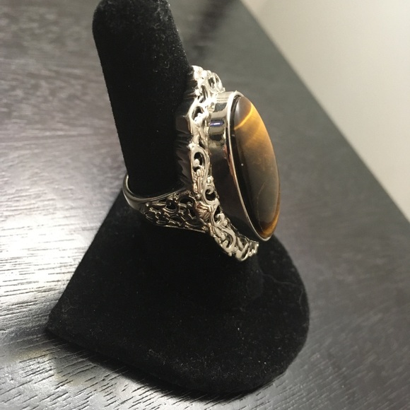 Natural African Tiger's Eye Solitaire Ring in Platinum Over Copper size 8 - Picture 6 of 16